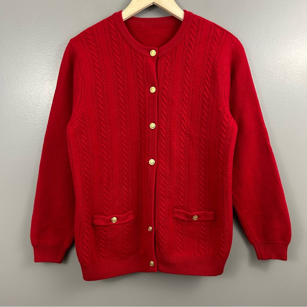 Talbots Red Button-Front Cable Cardigan - Picture 4 of 13